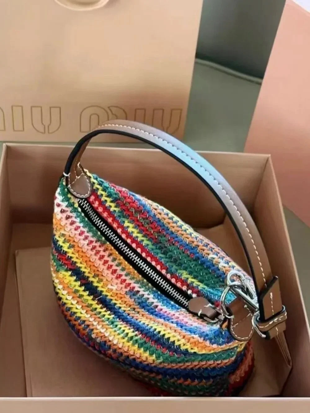 Miu Miu Multicolor Crochet Shoulder Bag with Black Logo